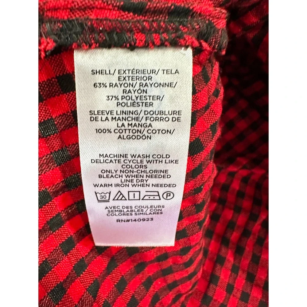 LOFT Red Black Gingham Check Square Neck Button Front‎ Puff Sleeve Blouse Size 6